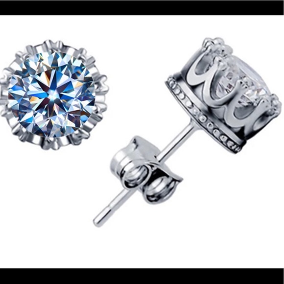 Jewelry - 925 Silver CZ Crown Round Stud Earrings